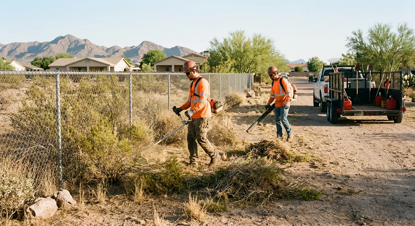 Overgrown brush along a desert property line before clearing in Avondale