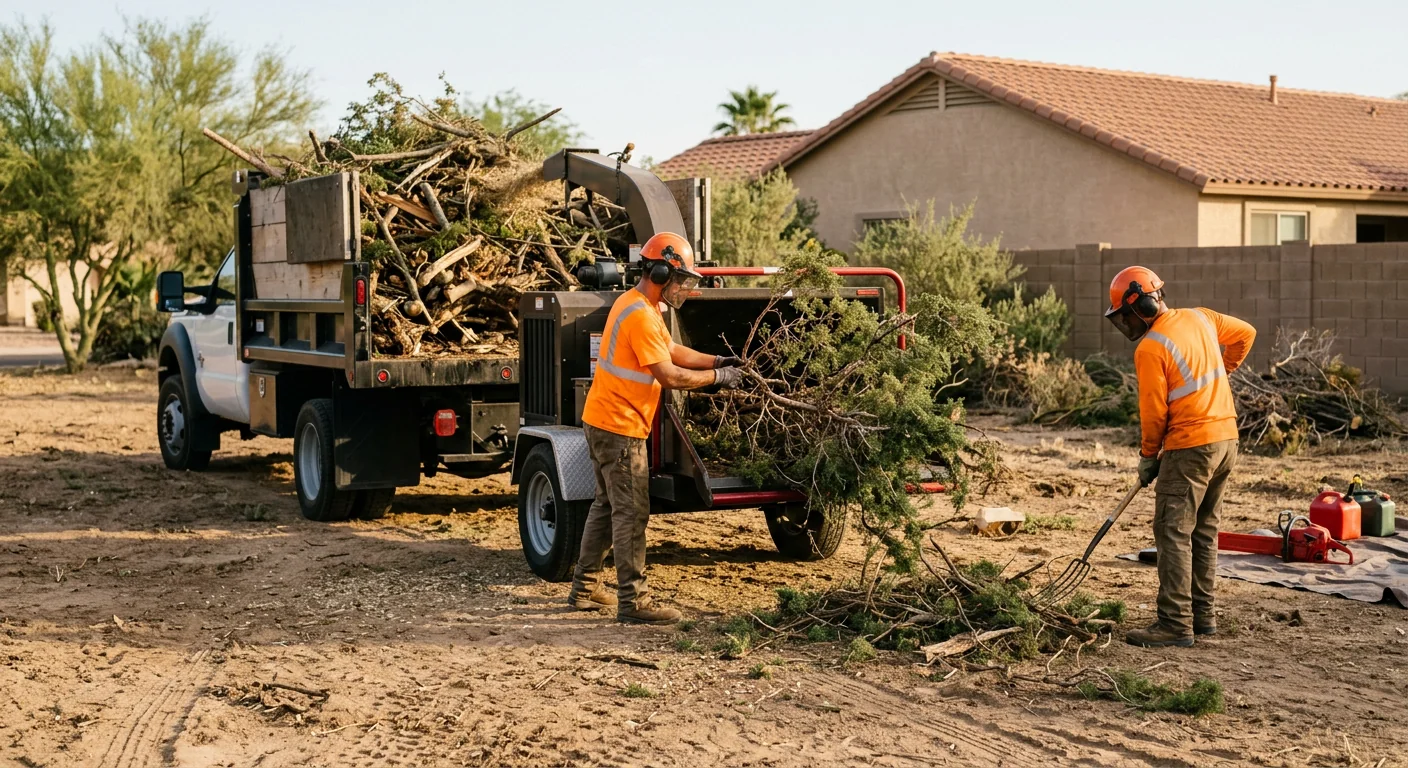 Cleared lot with debris loaded for haul-off after brush removal work