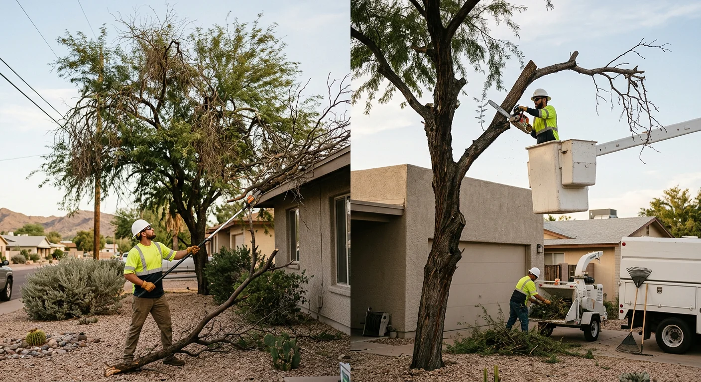 Overgrown desert brush and deadwood crowding a residential fence line in Avondale