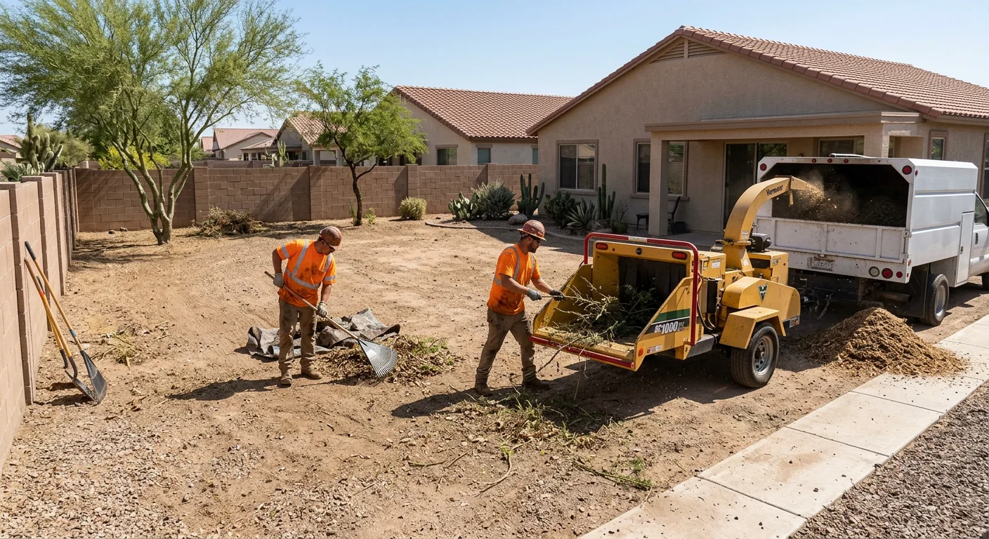 Wide shot of a cleared residential backyard after brush removal in Avondale