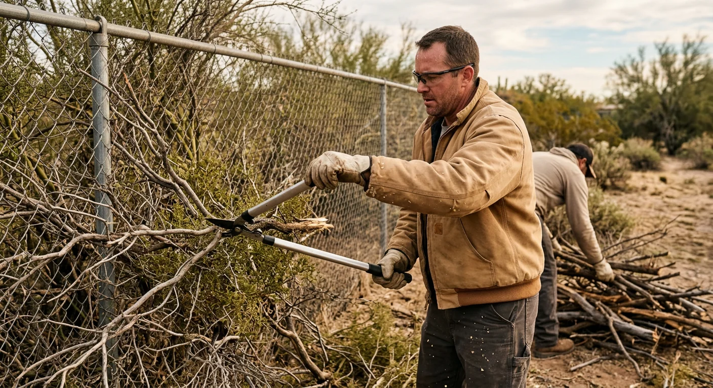 Close-up of dense desert scrub and deadwood being cut along a fence line