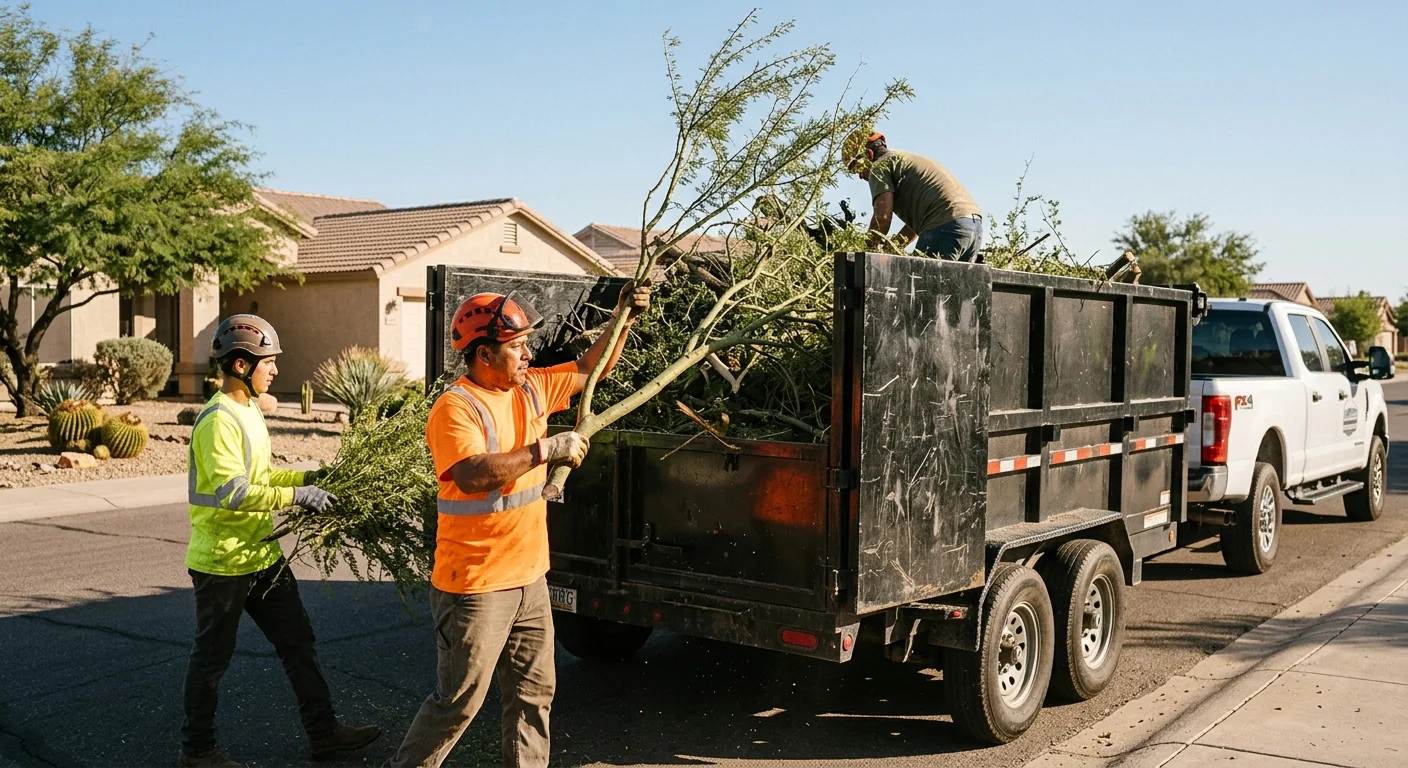 Crew loading cut brush and cuttings onto a haul-off trailer on site