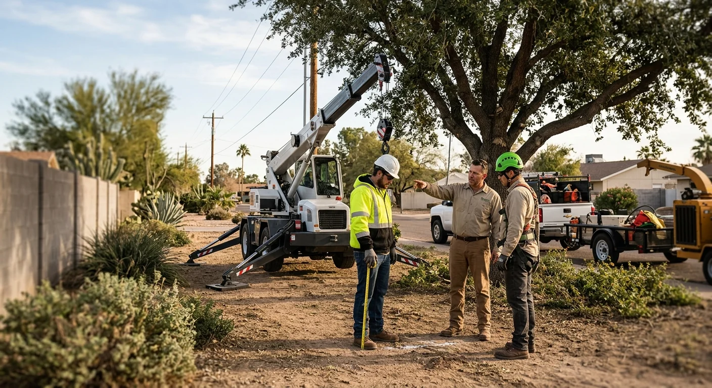 Crew planning crane placement beside a large tree in an Avondale yard