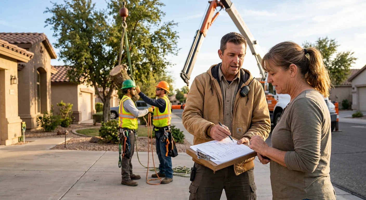 Written crane tree removal estimate reviewed with an Avondale homeowner