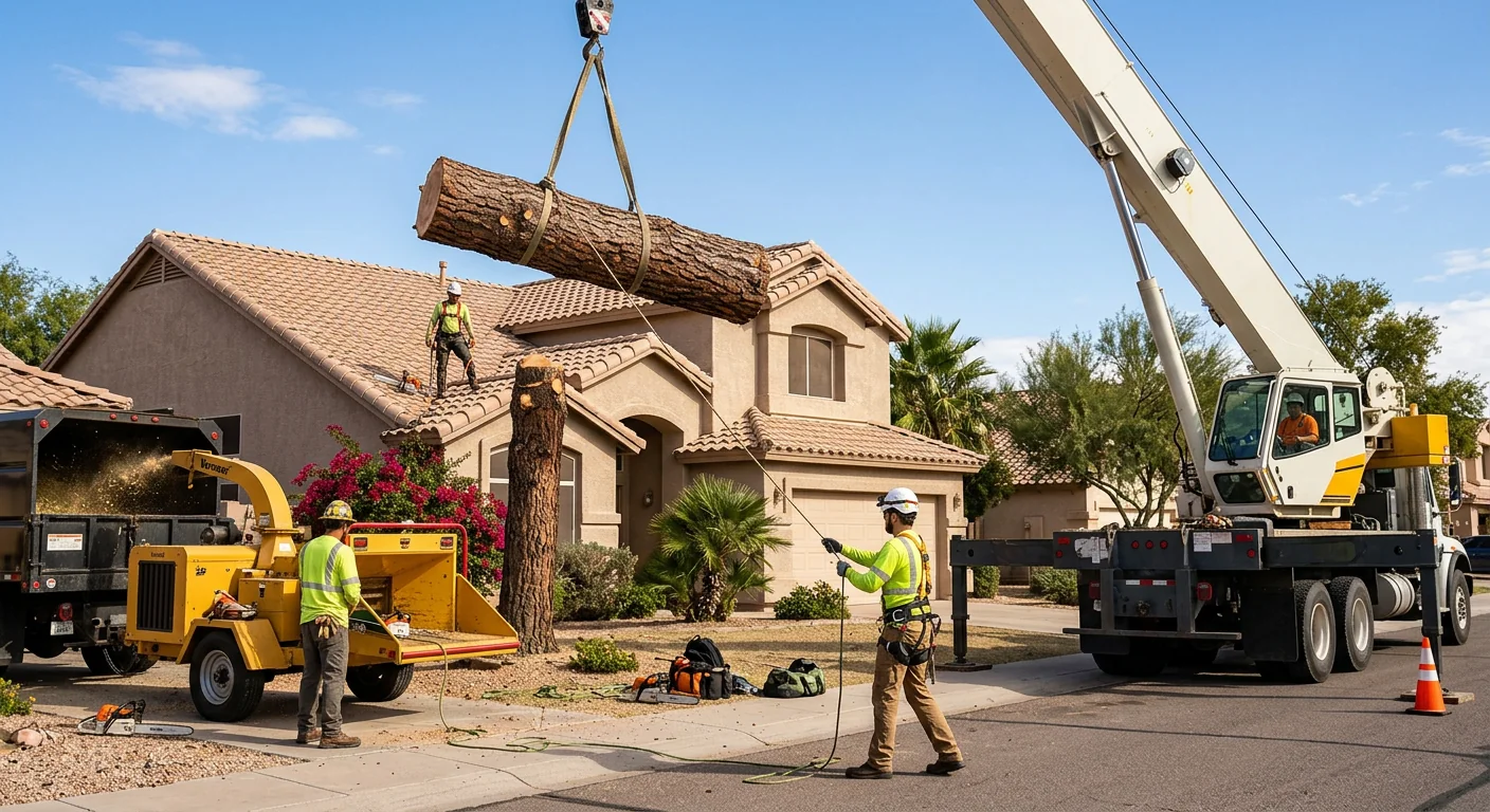 Crane lifting a large trunk section away from an Avondale rooftop