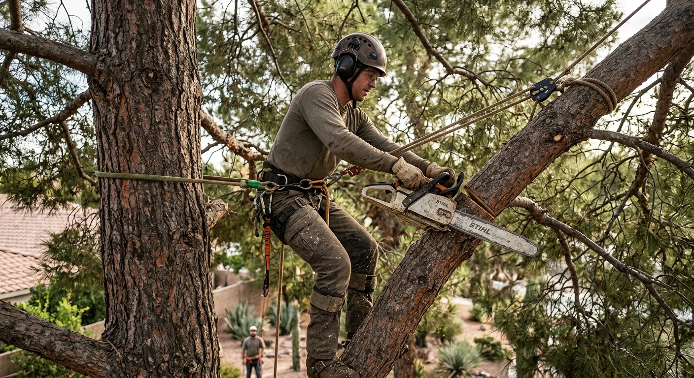 Climber making a rigging cut high in a mature pine canopy