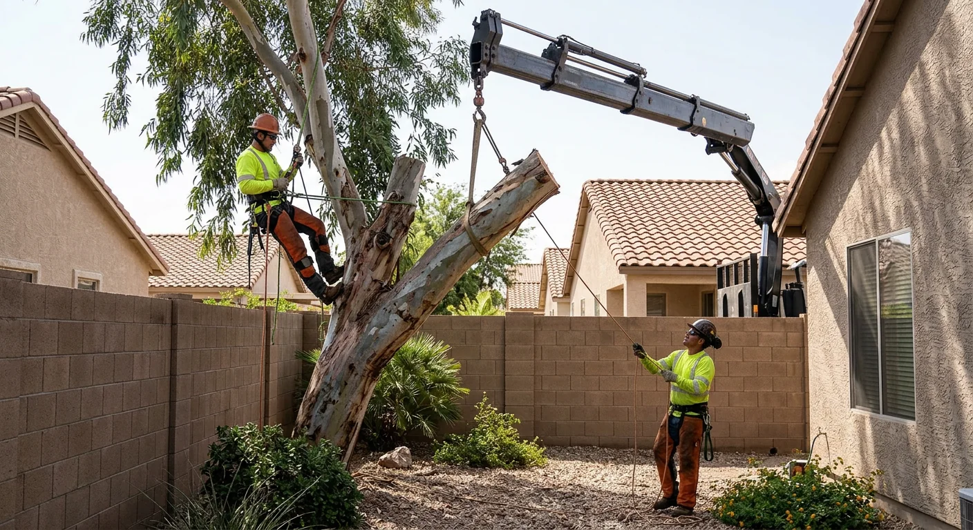 Storm-damaged eucalyptus being hoisted from a tight backyard