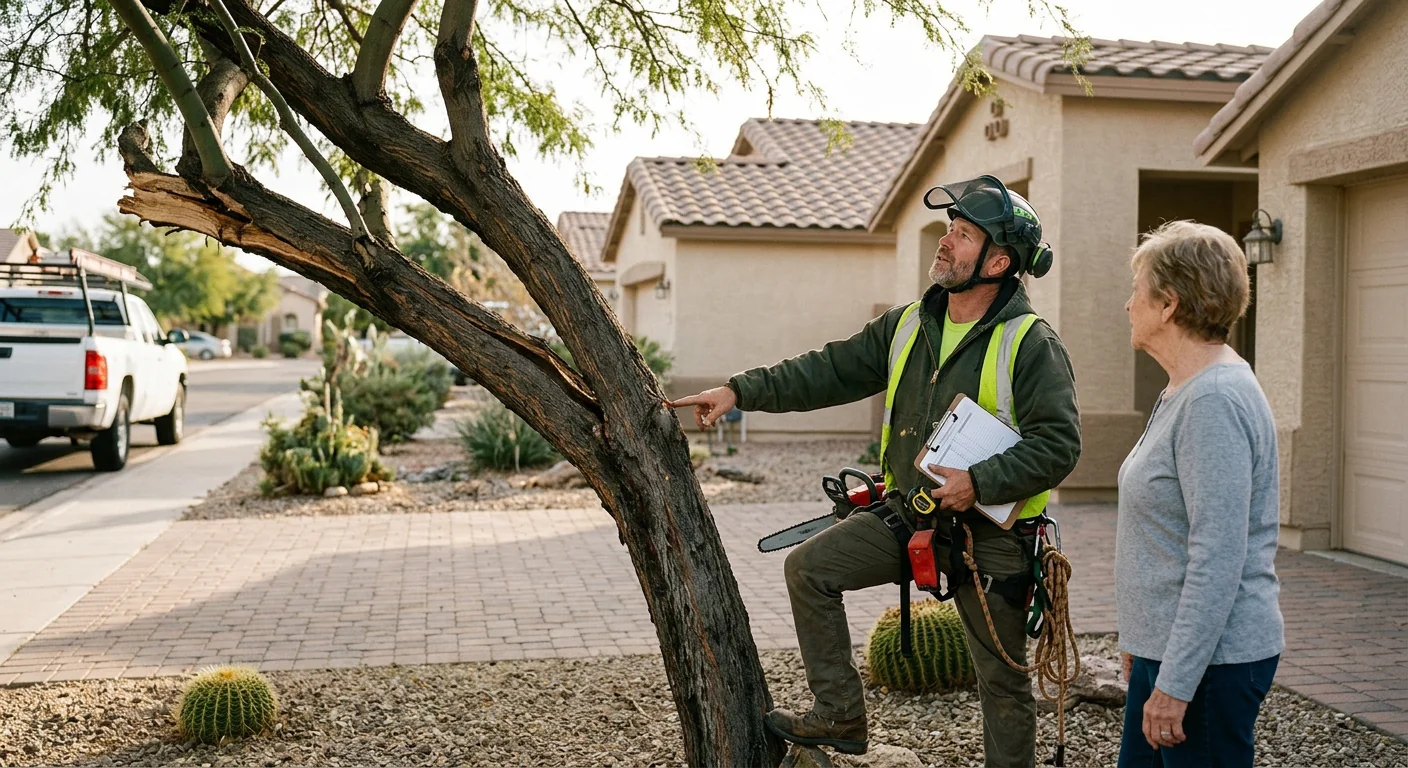 Arborist assessing a leaning storm-damaged tree near an Avondale home