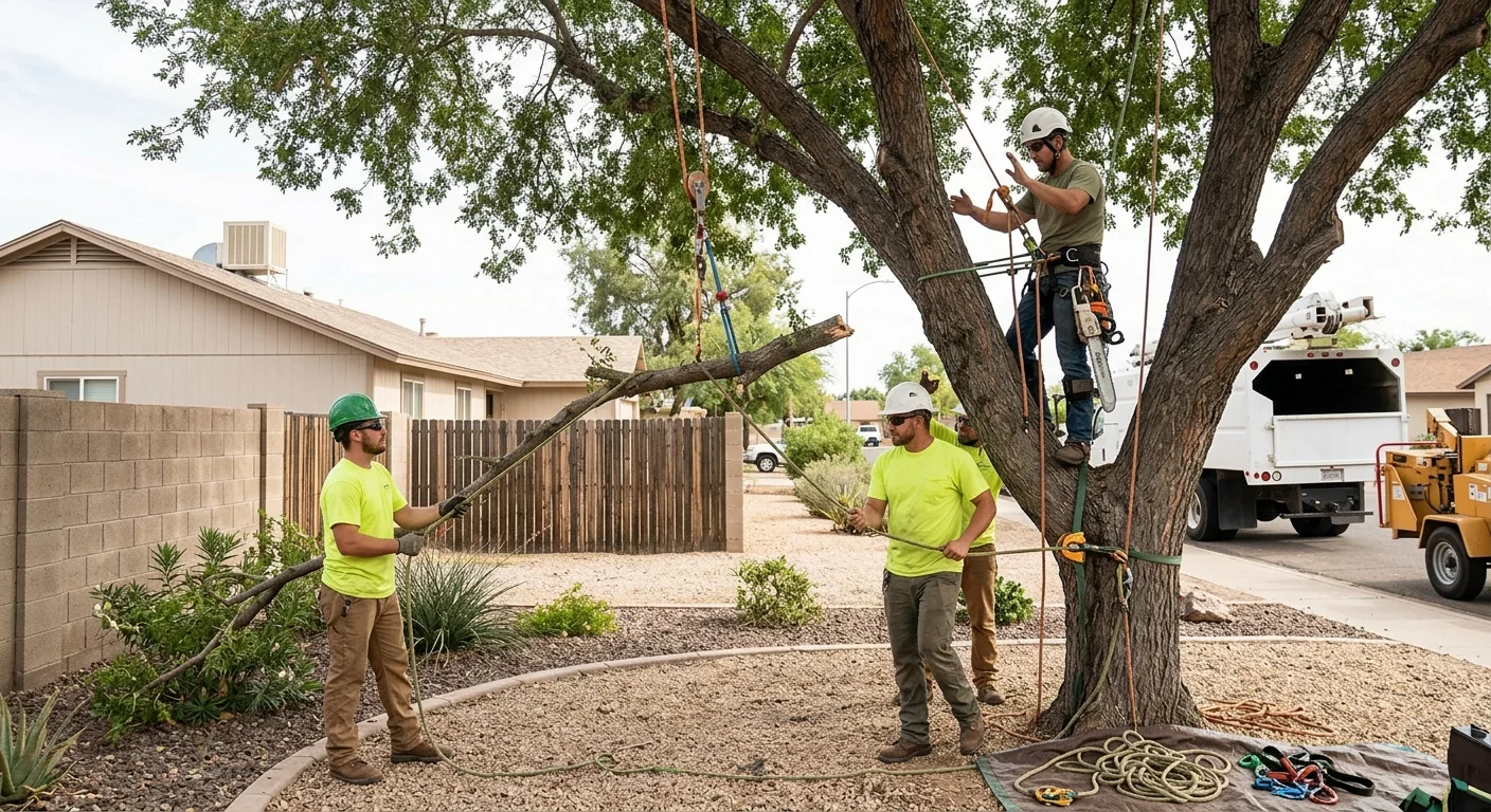 Crew rigging a large limb for controlled lowering on a residential lot