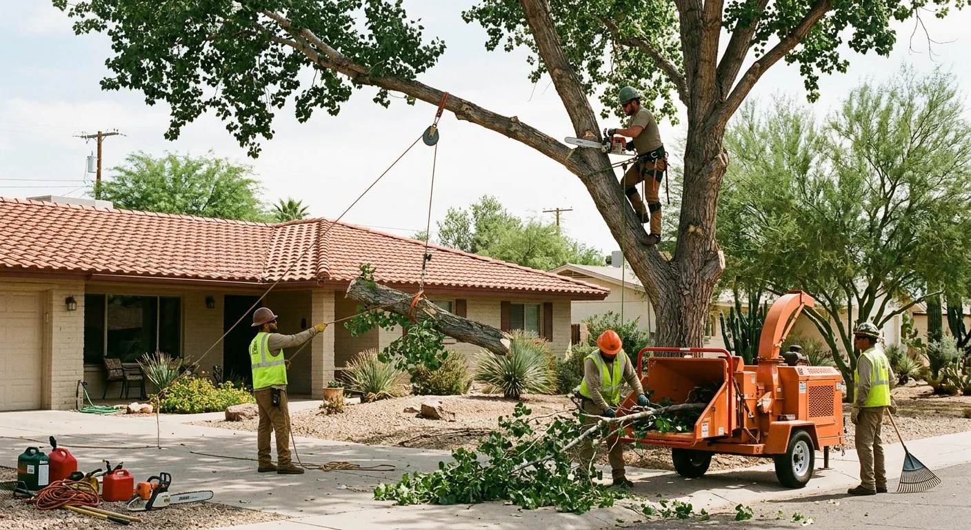 Storm-split tree limb hanging over an Avondale home roof after monsoon winds
