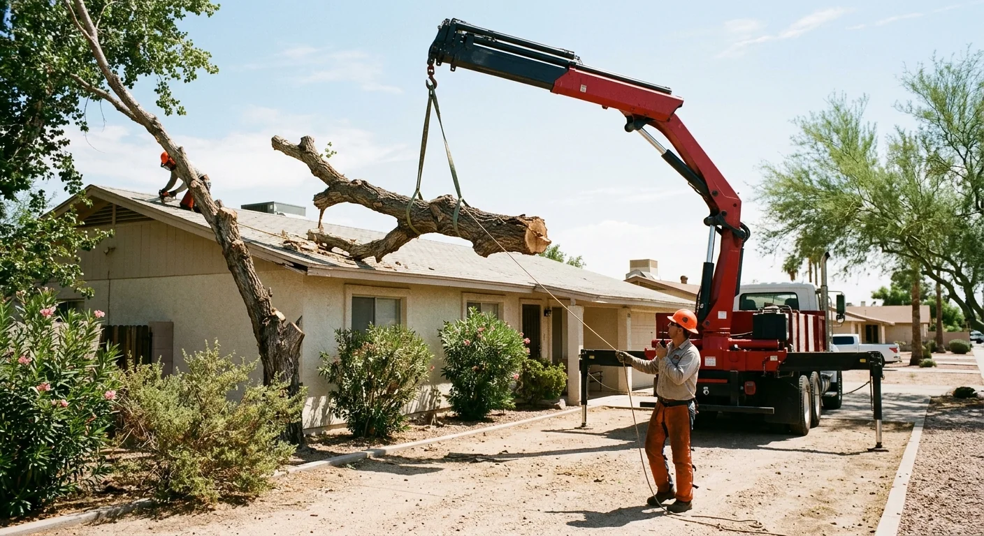 Crane lifting a large storm-damaged tree section away from an Avondale rooftop