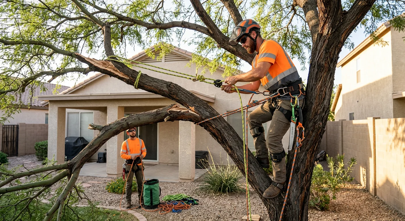 Arborist rigging a fractured limb over a residential backyard in Avondale