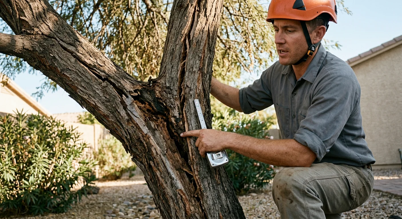 Close-up of a cracked trunk union on a leaning backyard tree