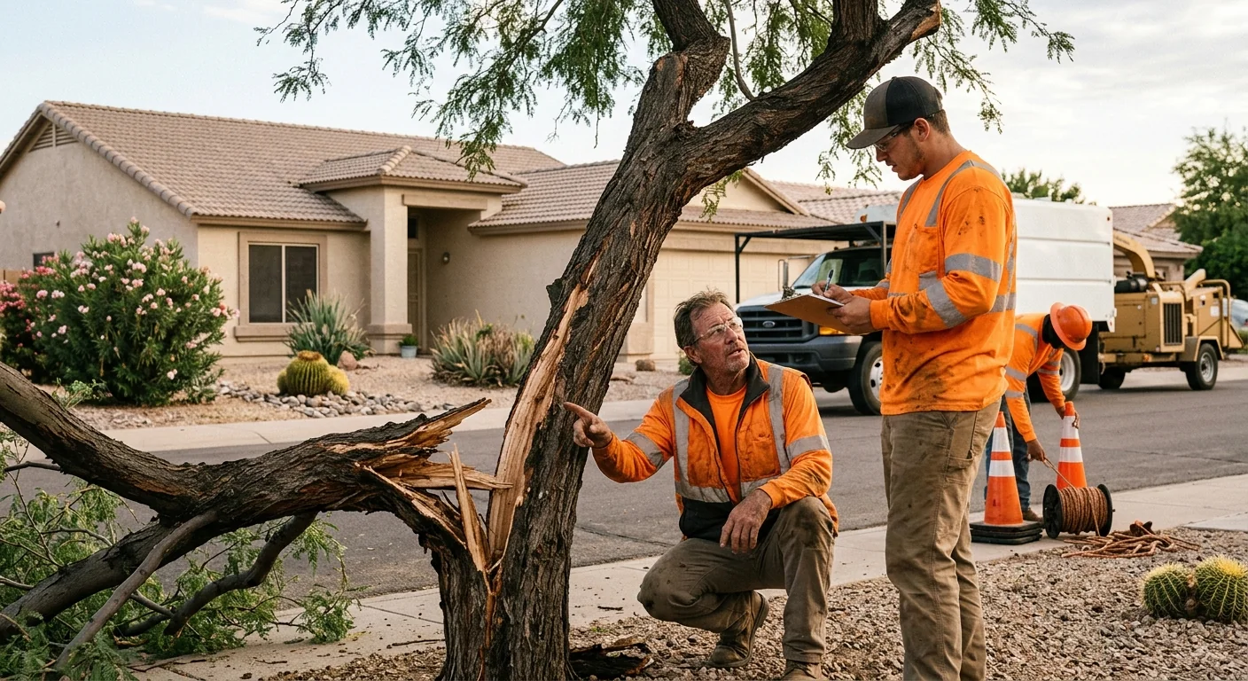 Crew evaluating a storm-damaged tree near an Avondale home to prepare a written estimate