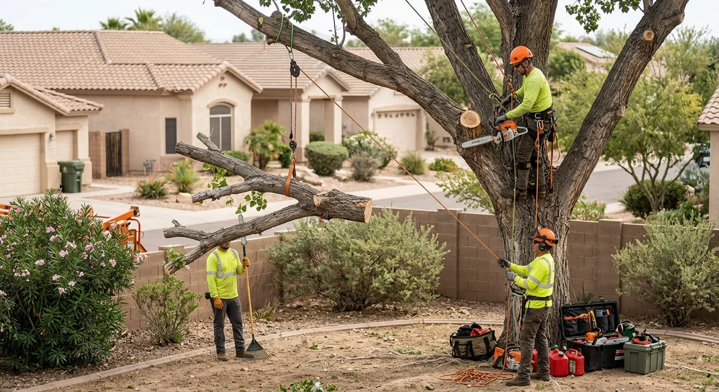 Sectional rigging lowering large limbs during a hazardous tree removal in Avondale