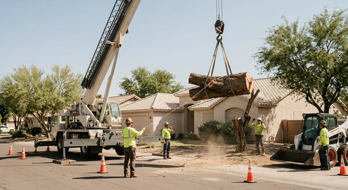 Crane lifting a large split trunk section away from an Avondale home roofline