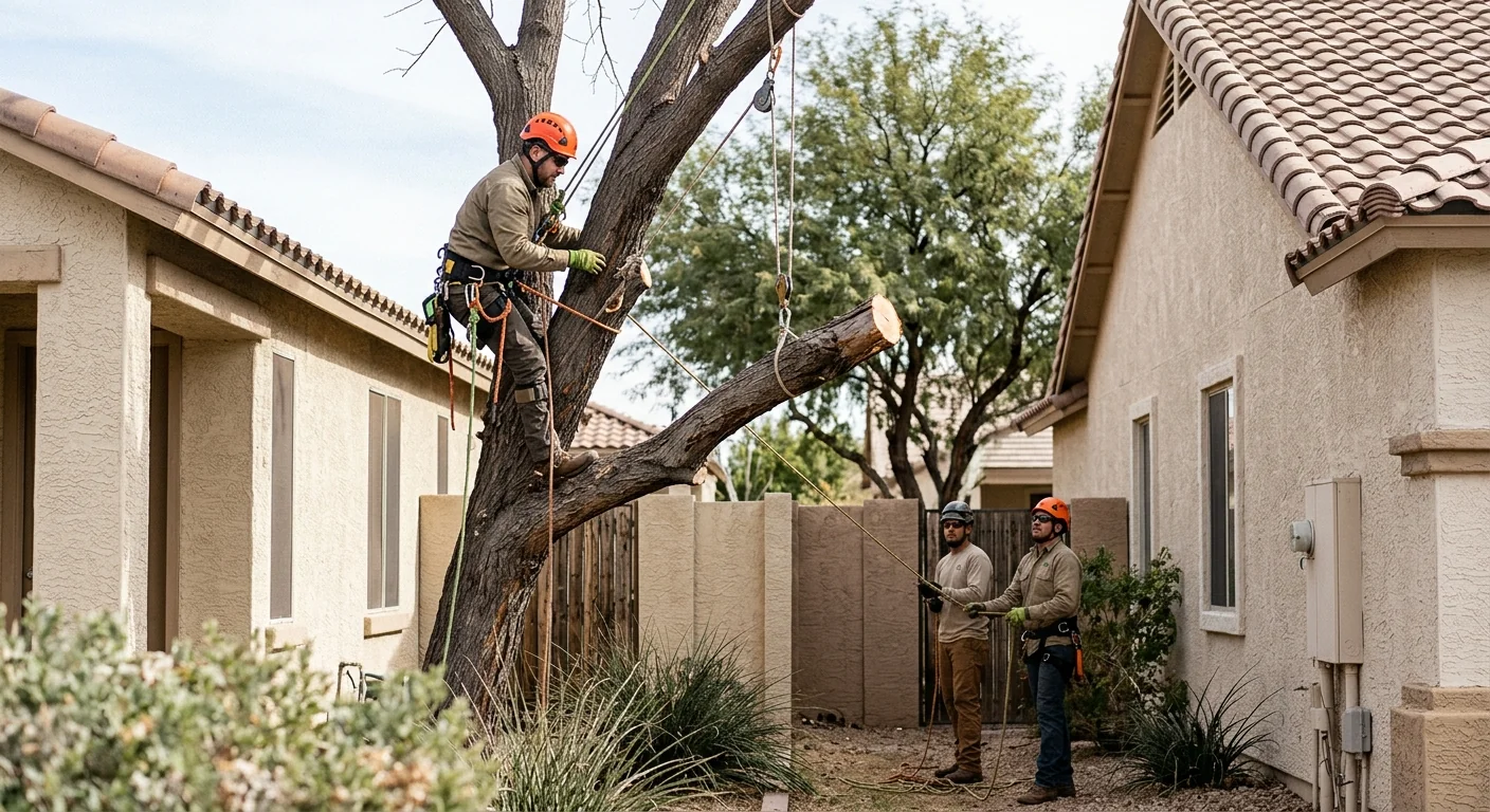 Arborist rigging a dead limb down between two houses on a tight lot