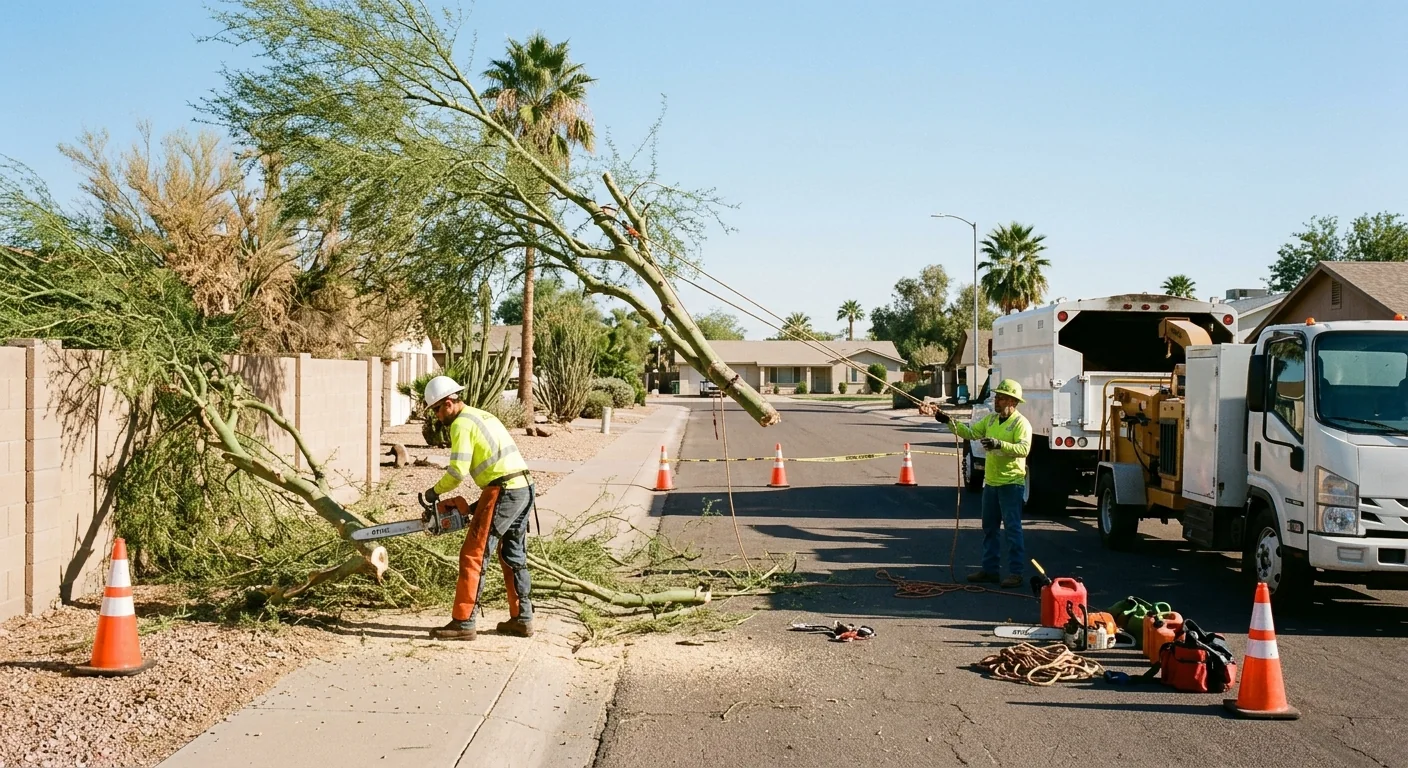 Wide shot of a leaning storm-damaged tree before controlled sectional removal