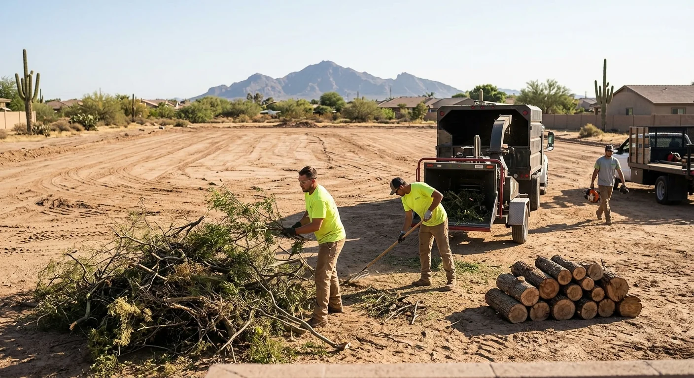 Wide view of cleared desert lot graded and ready for construction in Avondale