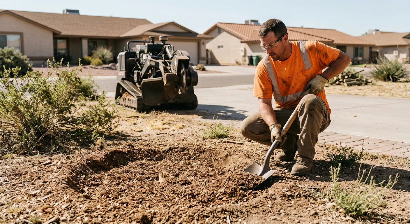 Close-up of freshly ground tree stump on a cleared residential lot