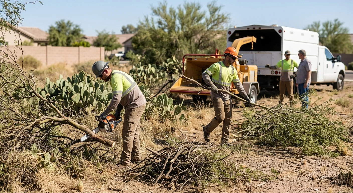 Overgrown brush and mesquite thicket before clearing on a suburban parcel
