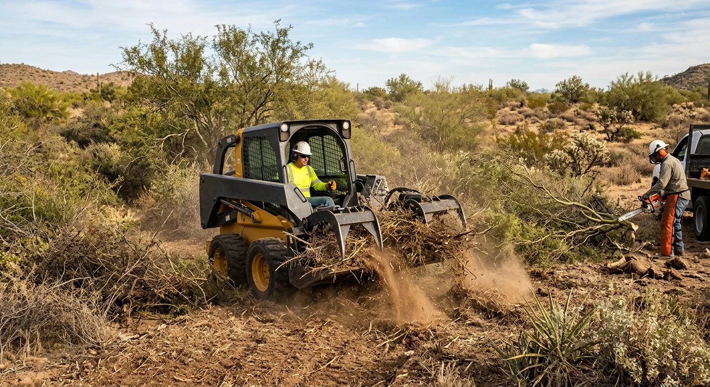 Skid steer clearing dense undergrowth from a multi-acre lot in action