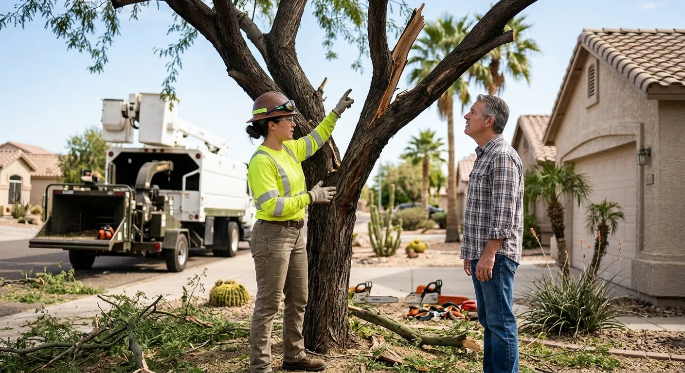 Arborist assessing storm-damaged tree for cleanup estimate at an Avondale home