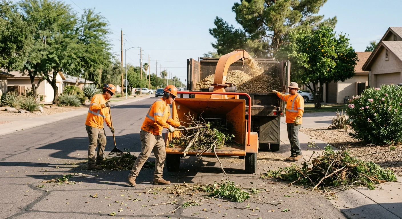 Wood chipper processing broken tree limbs during Avondale storm cleanup project