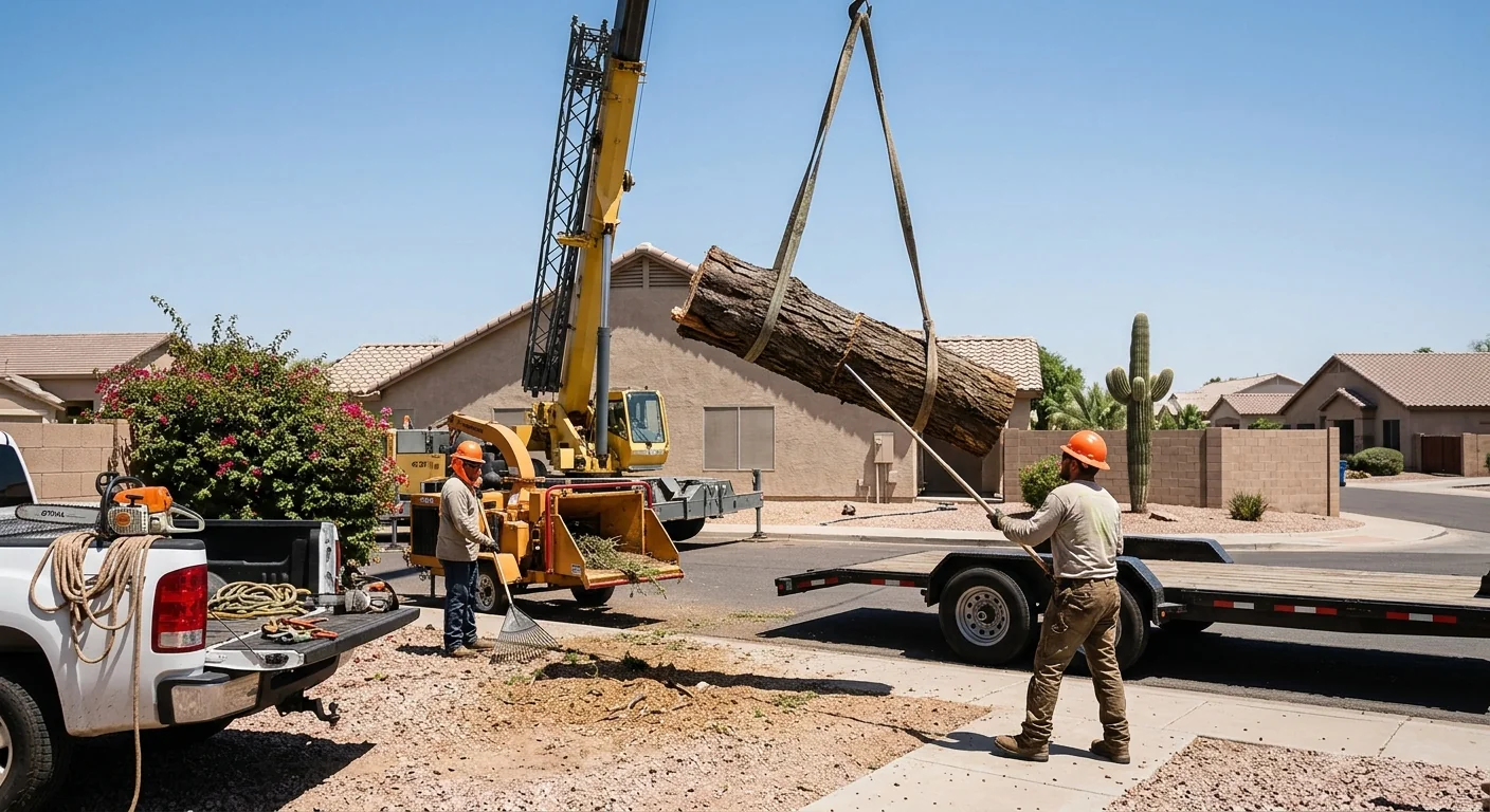 Crane lowering a large storm-split trunk from an Avondale residential backyard