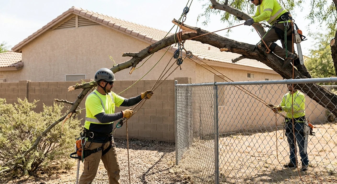 Crew rigging and lowering a broken limb over a backyard fence