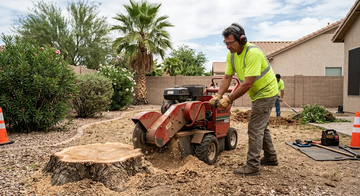Stump grinder positioned beside a large stump in an Avondale yard