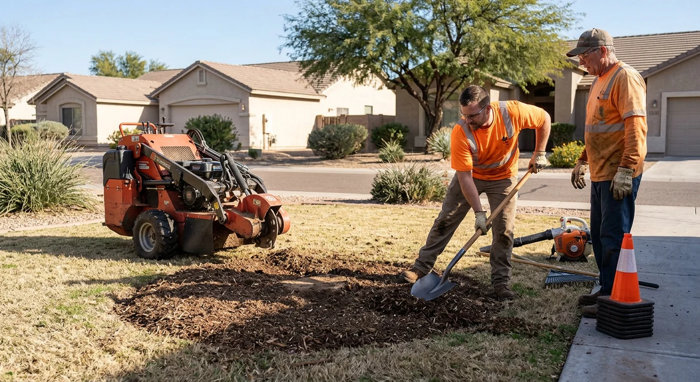 Wood chips and cleared ground after grinding a stump below grade