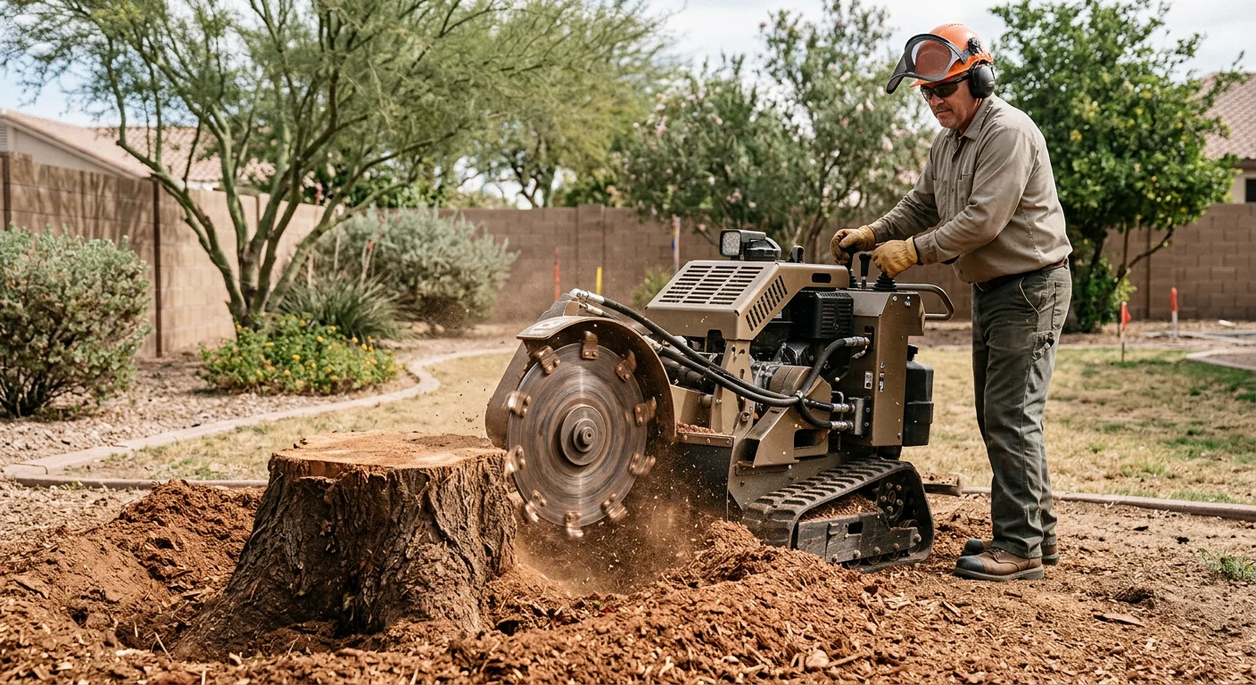 Carbide-tooth stump grinder reducing a mesquite stump below grade in an Avondale backyard