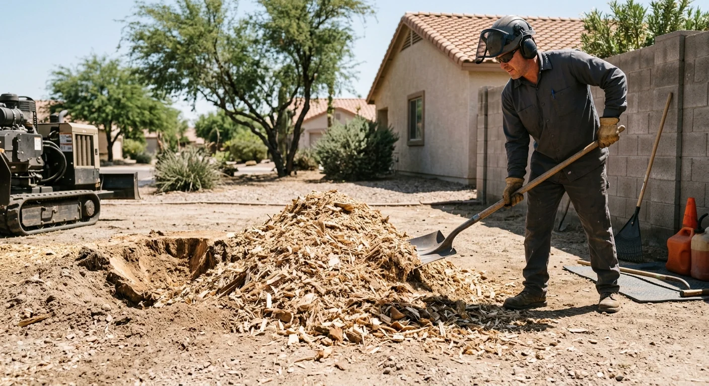 Close-up of fresh wood grindings piled beside a ground-out palm stump