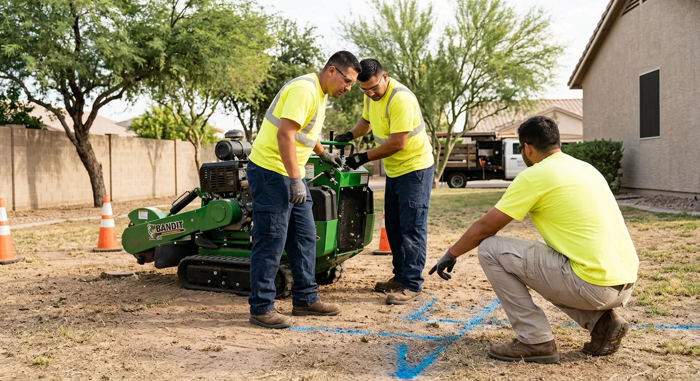 Ground crew staging a stump grinder near marked irrigation lines