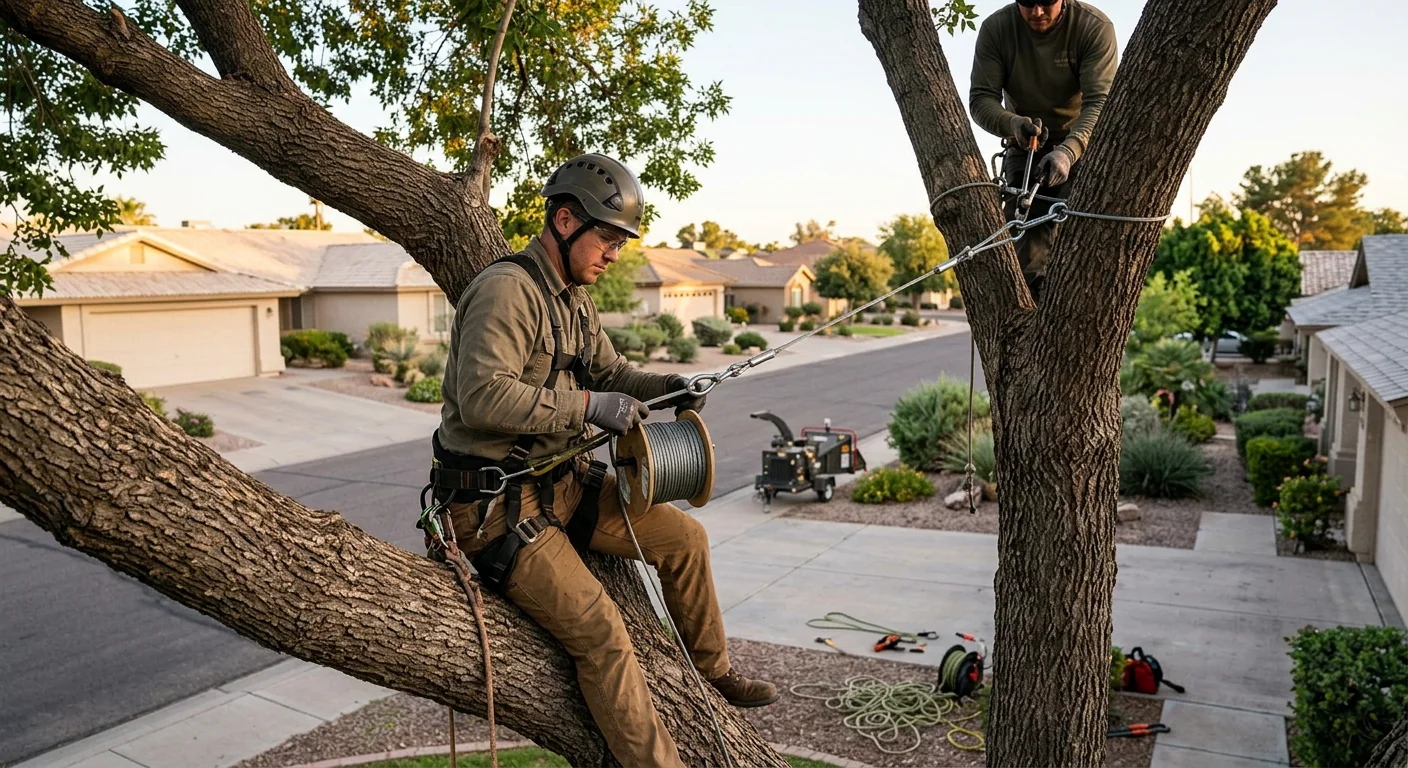 Support cable spanning between two large limbs in a residential tree