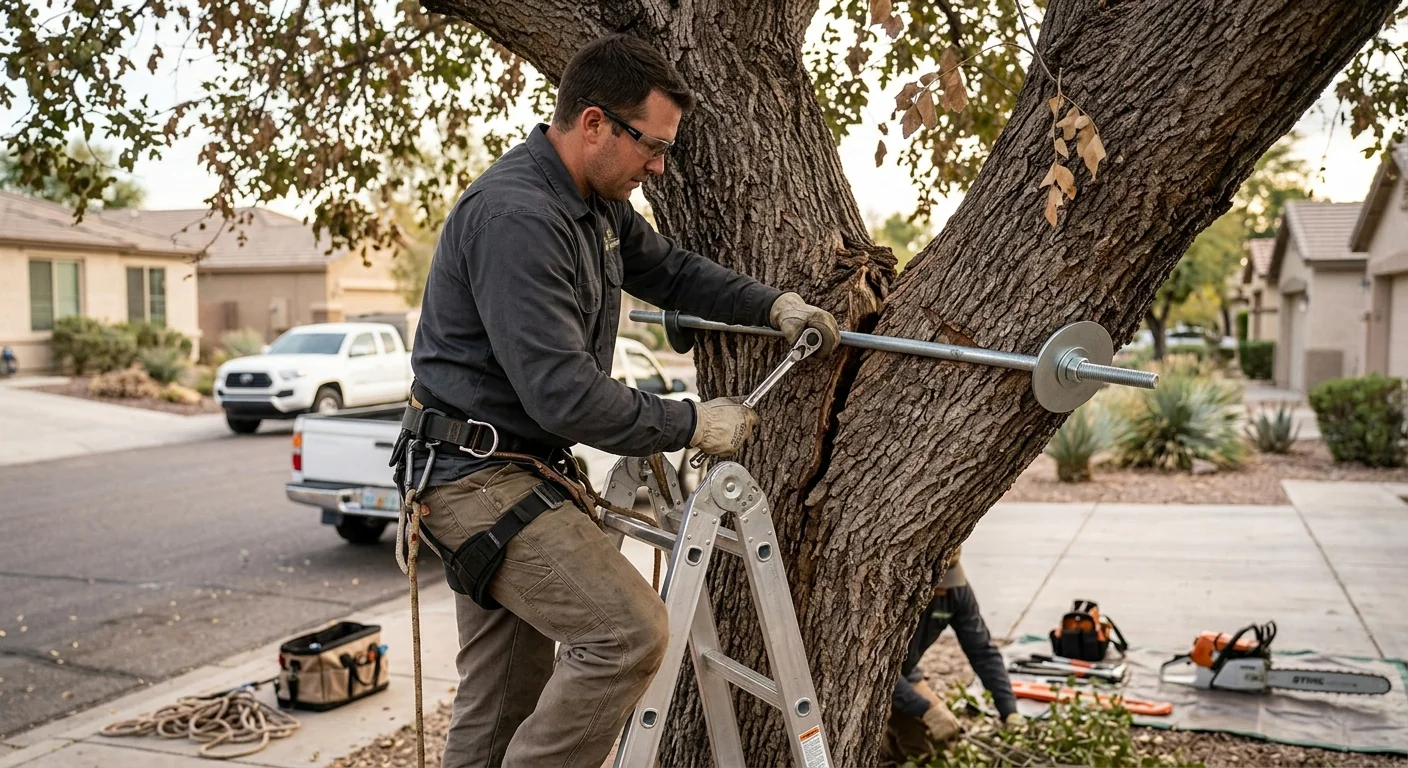 Steel bracing rod reinforcing a split trunk on a mature Avondale tree