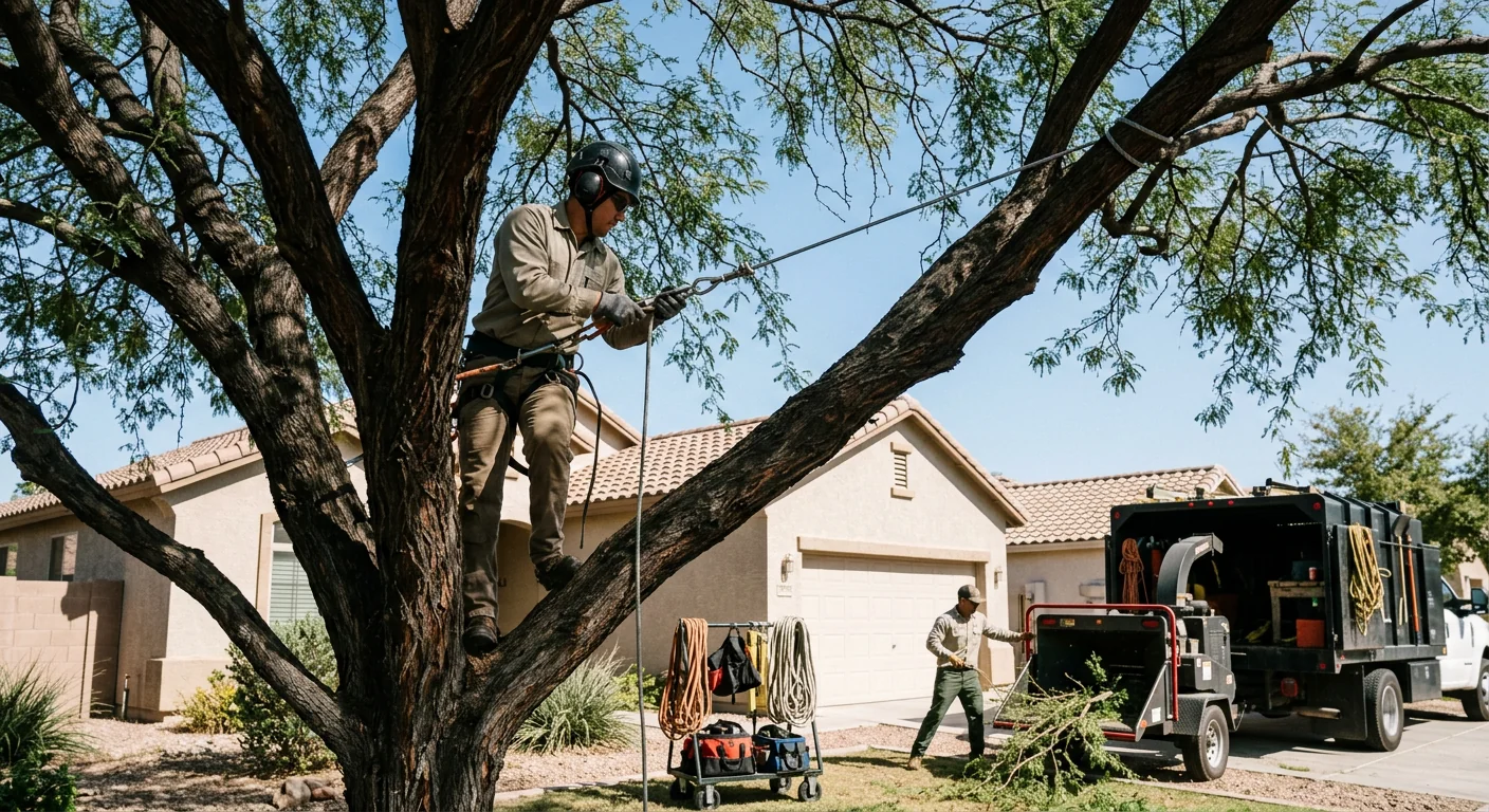 Steel cable anchored high in a mature mesquite canopy over an Avondale backyard
