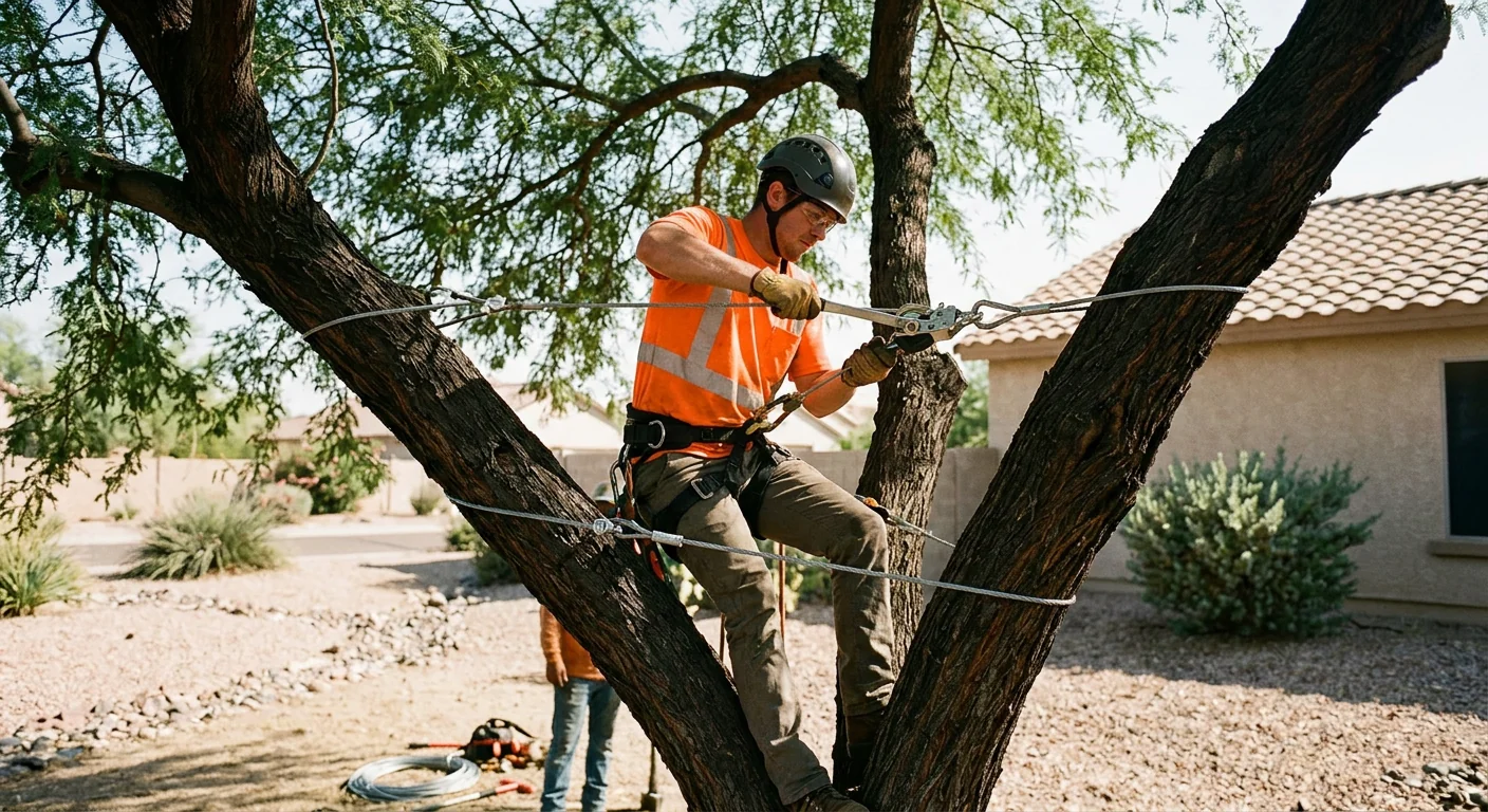 Climber tensioning a support cable between two large limbs on a desert lot