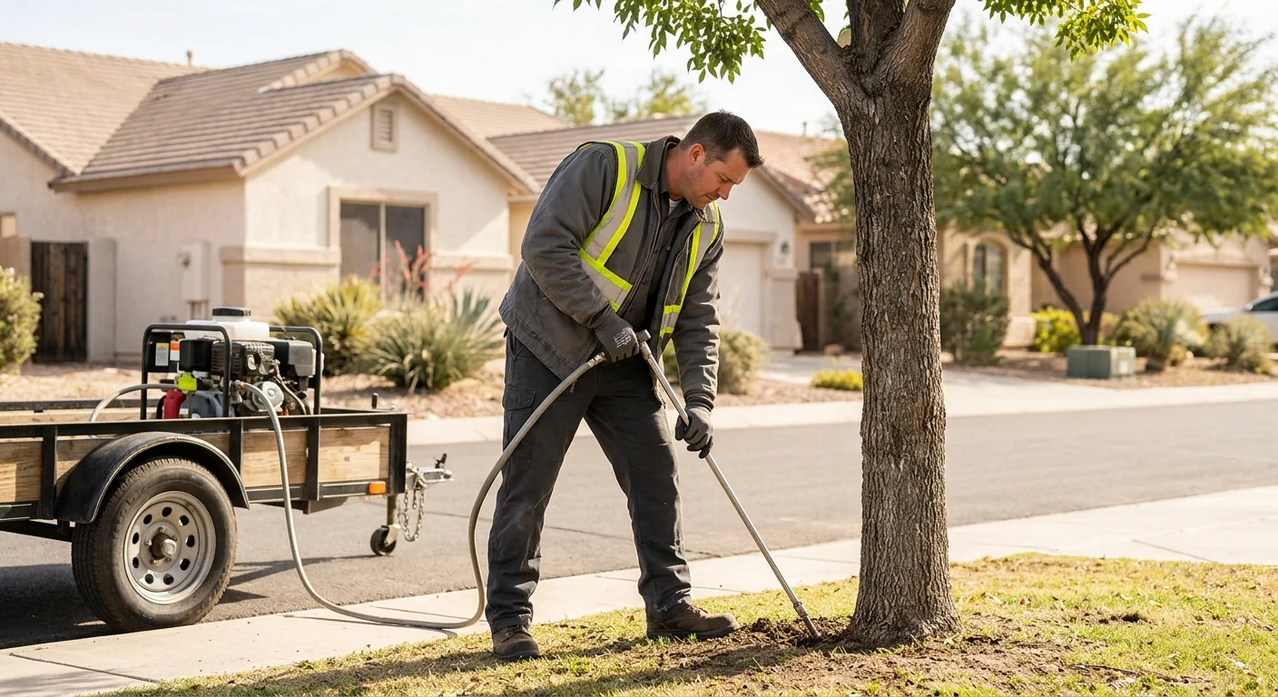 Technician applying deep-root fertilization treatment to a residential tree in Avondale