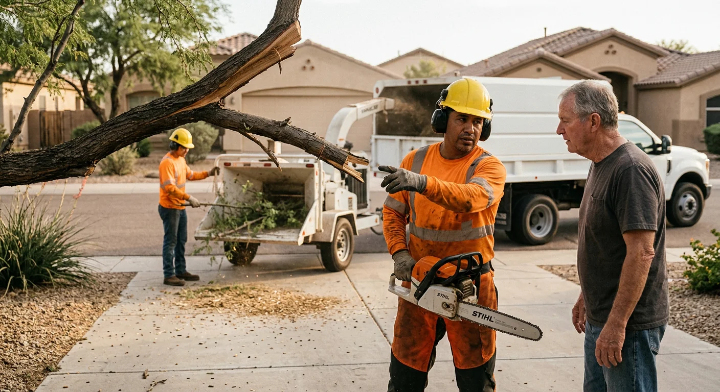Arborist inspecting stressed tree canopy for dieback in an Avondale backyard
