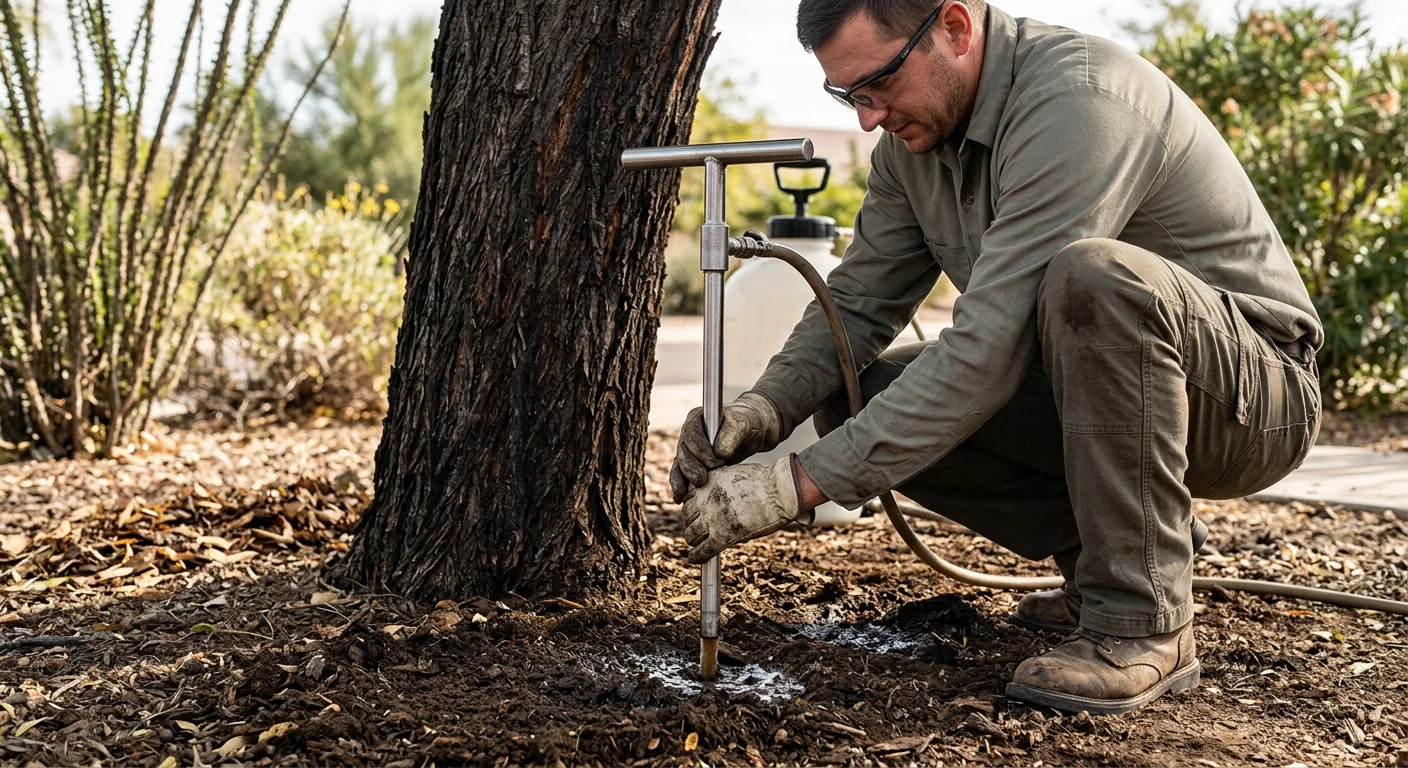 Close-up of a deep-root fertilization probe injecting soil near a tree base