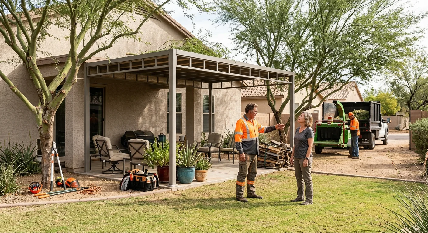Wide view of a restored backyard canopy after seasonal tree maintenance