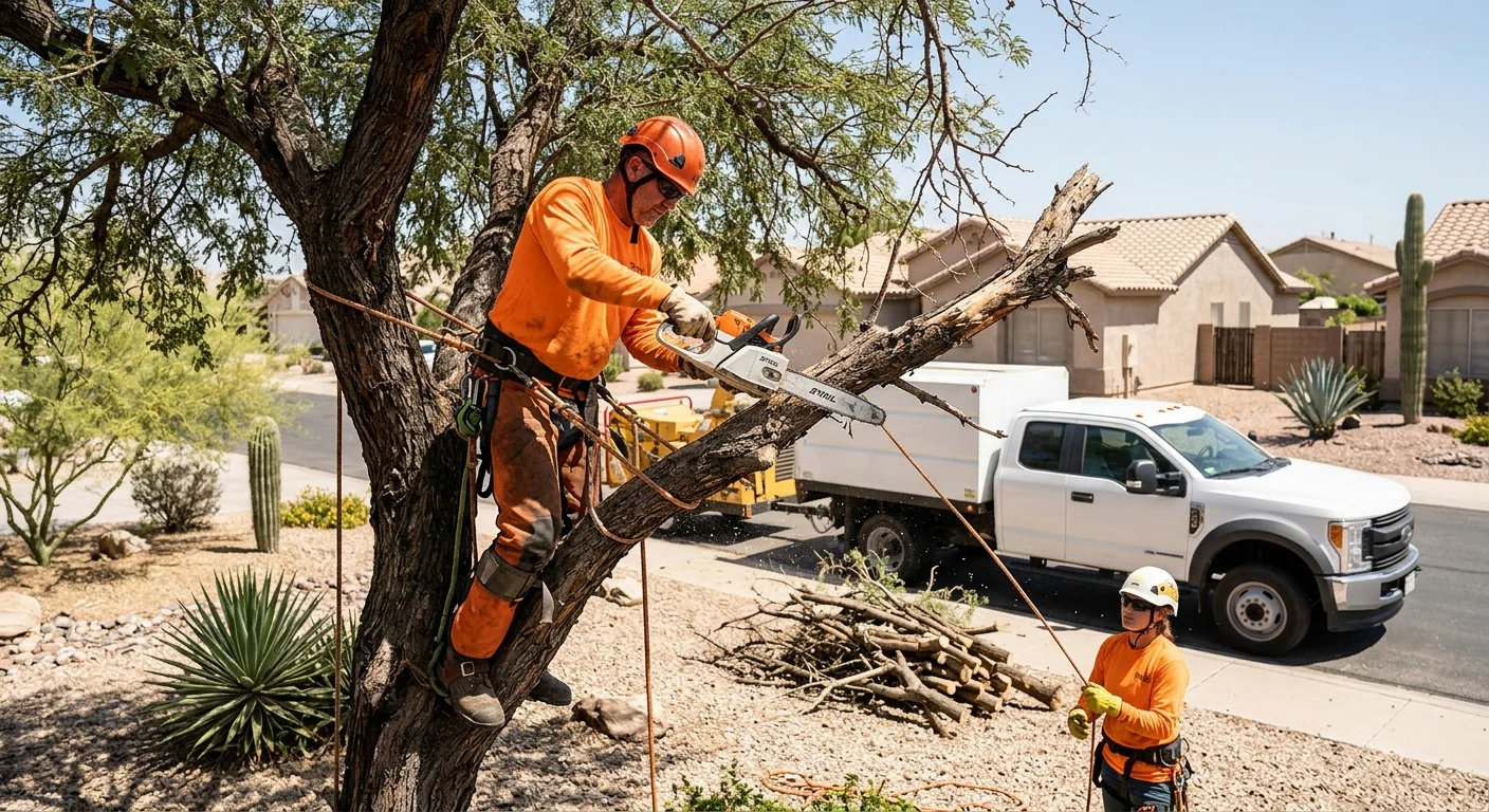 Crew removing brittle deadwood limbs from a heat-stressed desert tree