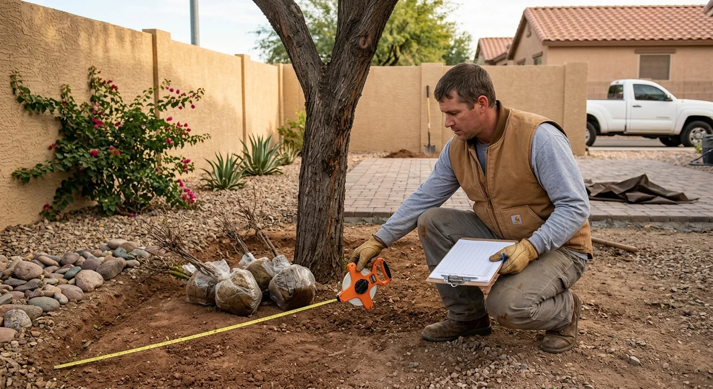Estimator measuring a planting site in an Avondale backyard before quoting