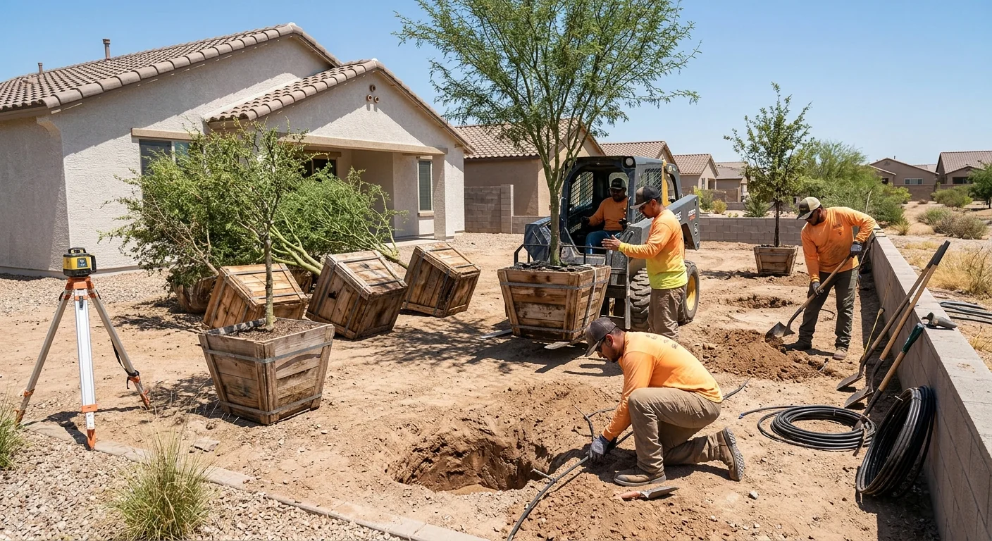 Boxed shade trees staged for installation on a residential Avondale lot
