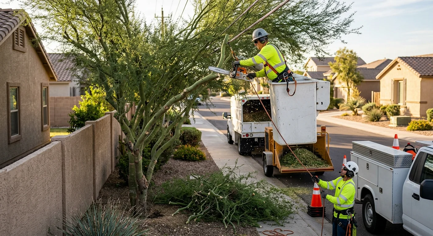 Young desert shade tree freshly planted with mulch ring in an Avondale yard