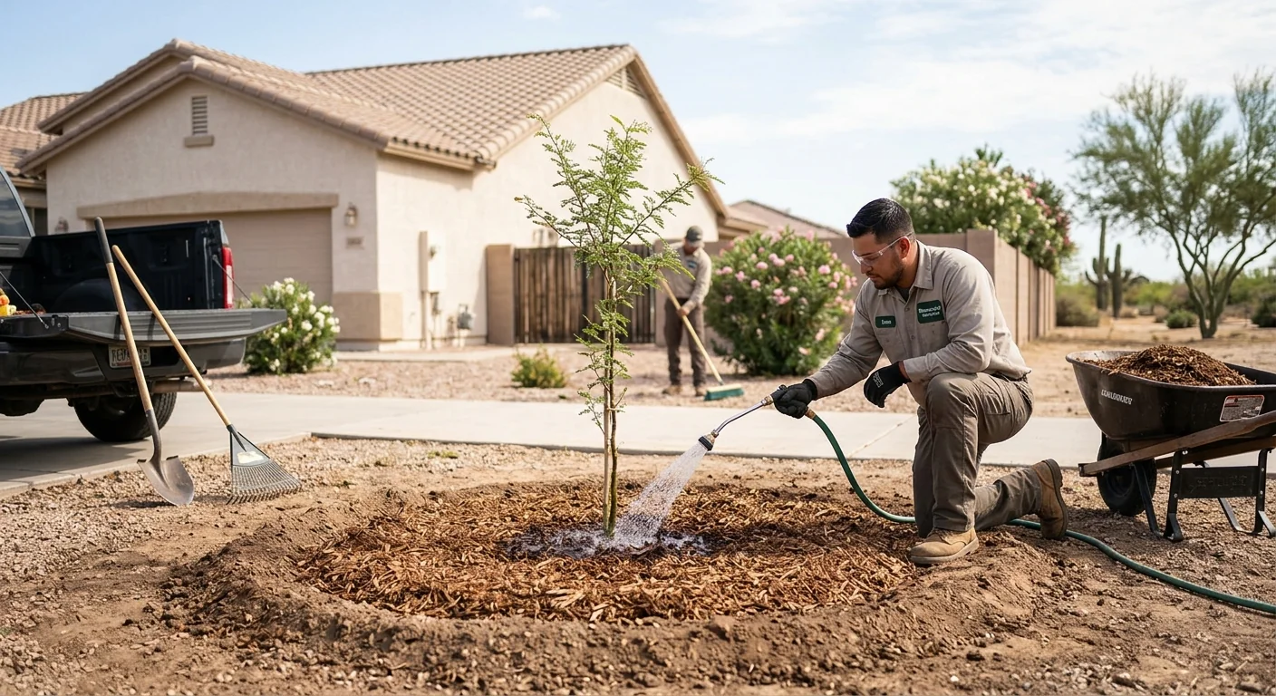 Freshly planted desert shade tree with mulch ring on a residential Avondale lot