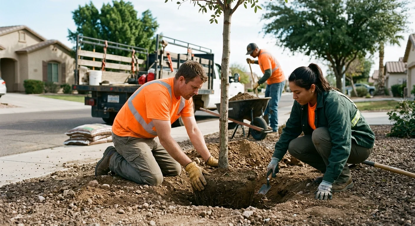 Crew setting root flare at proper grade during a tree planting in Avondale
