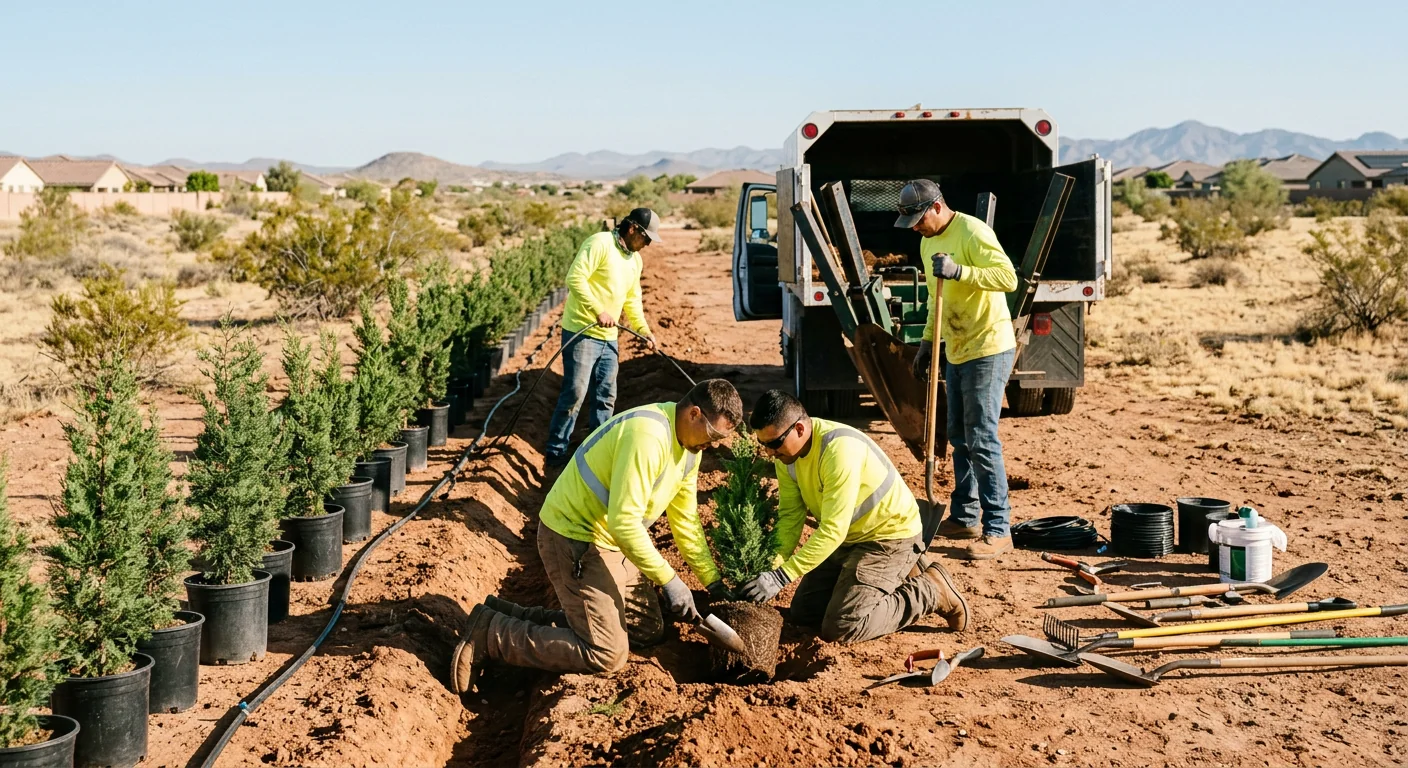 Row of young privacy trees forming a windbreak along a desert property line